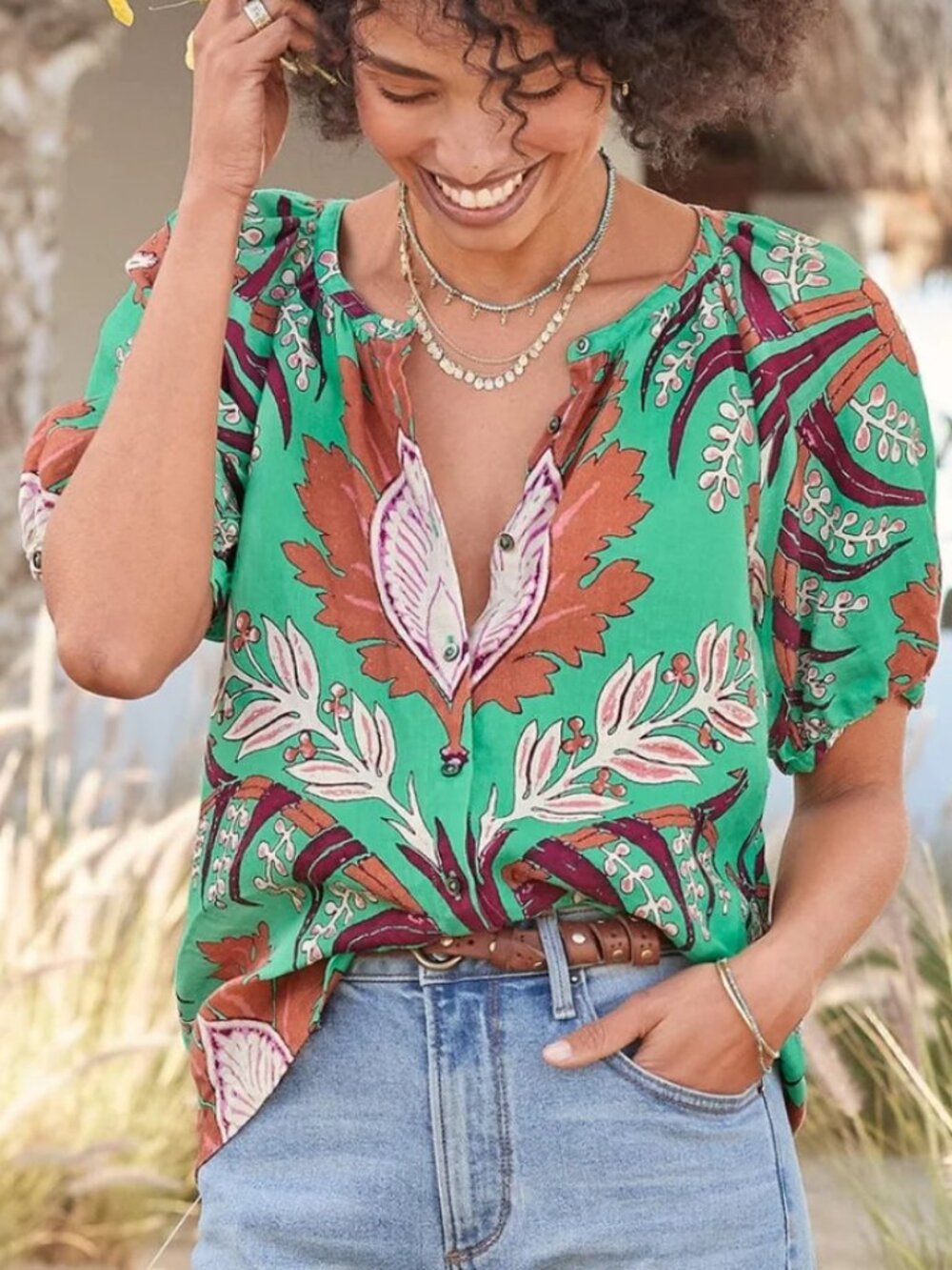 Sundance Womens XXL 100% Linen Tapestry Graceful Days Button Blouse Floral Green